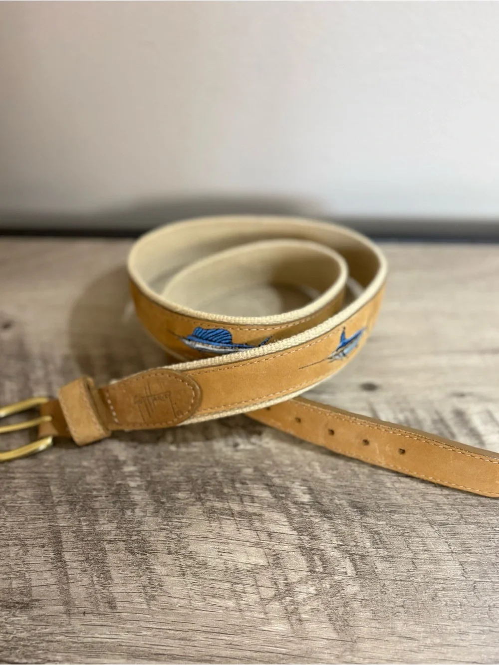 Men's GUY HARVEY Beige Webbing MARLIN Fishing LEATHER BELT 40